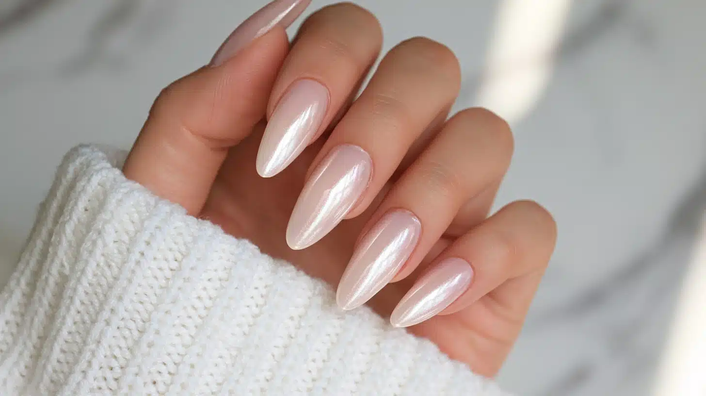Classic pearl white glazed donut nails with a glossy chrome finish on medium almond-shaped nails
