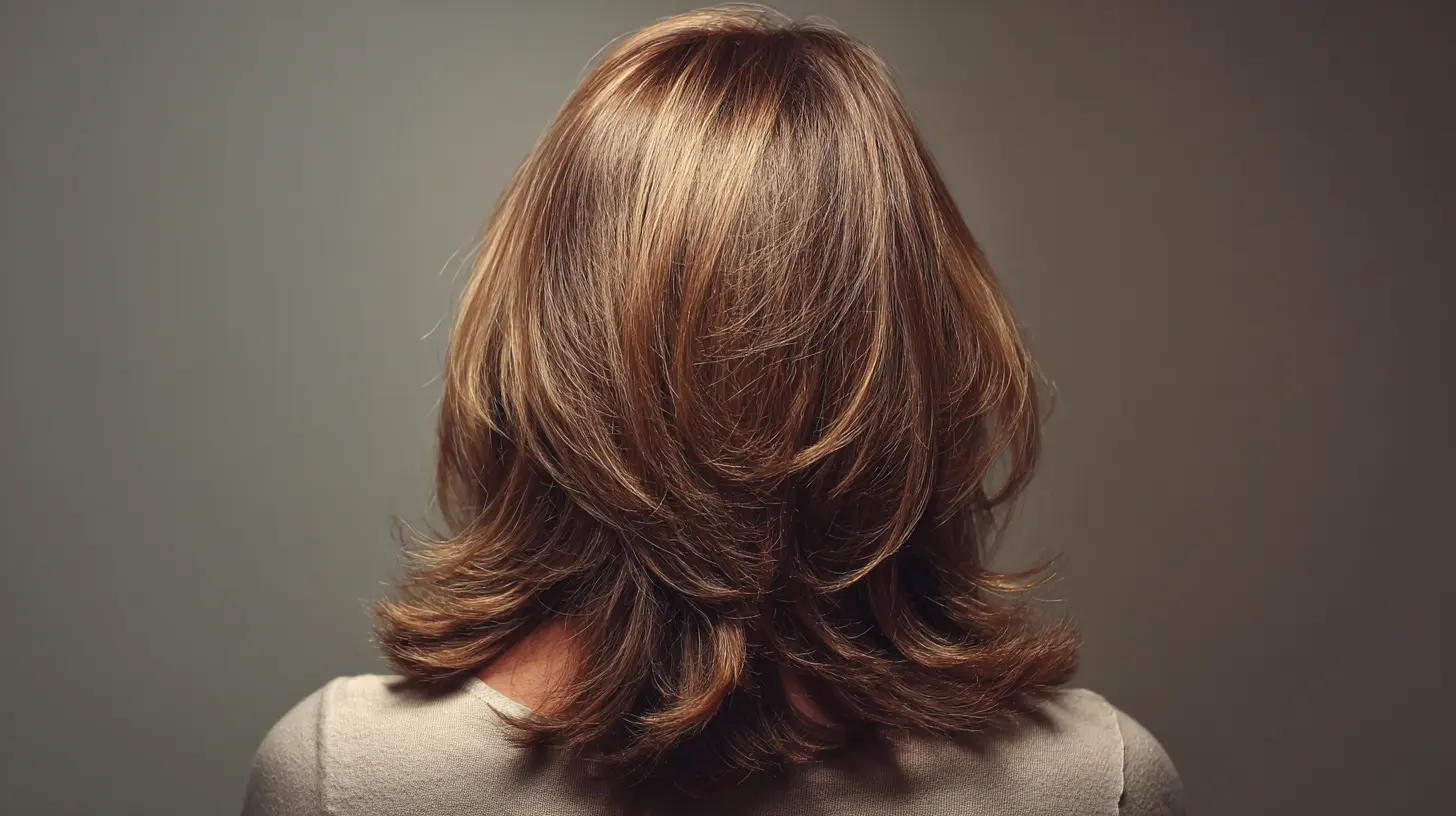 Classic shoulder length layered hairstyle with soft feathered ends for timeless volume and texture
