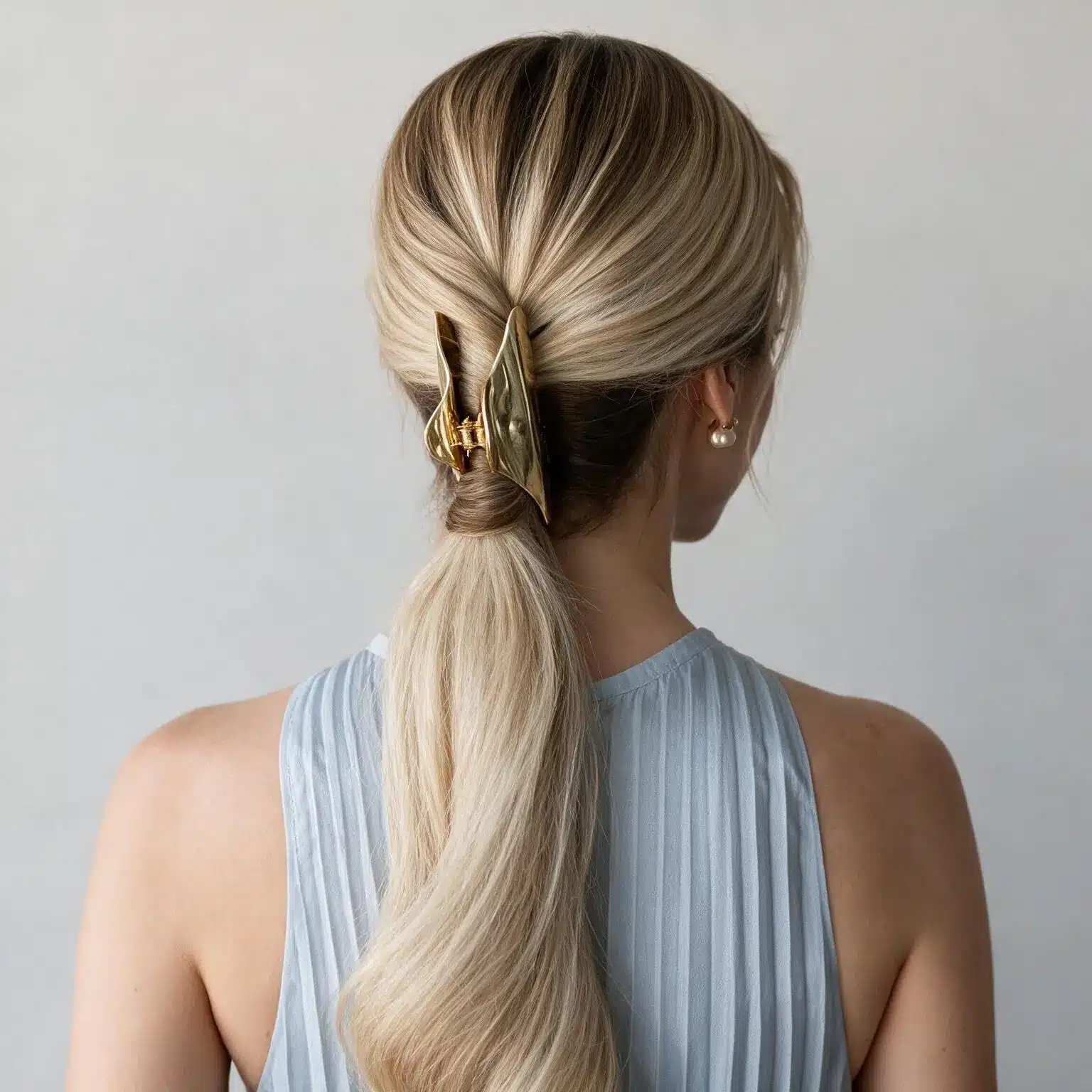 Back view of a woman with long blonde hair styled in a low ponytail secured by an ornate gold hair clip, wearing a pleated light blue sleeveless top.