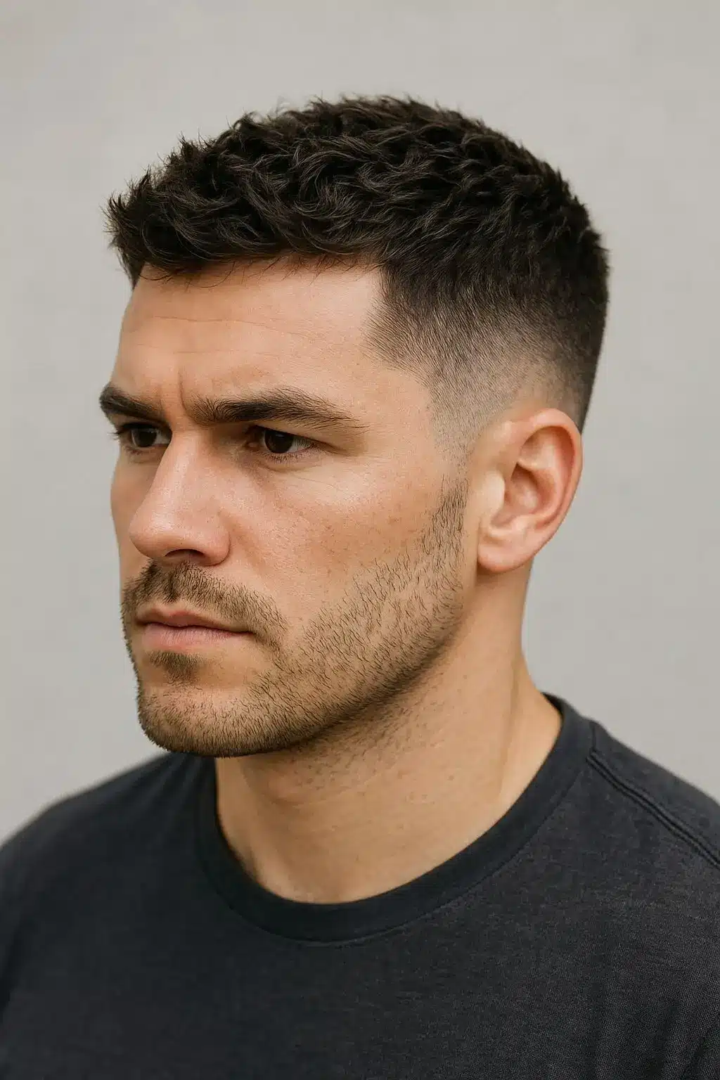 Crew cut hairstyle with a short textured top tapered sides and a clean low fade