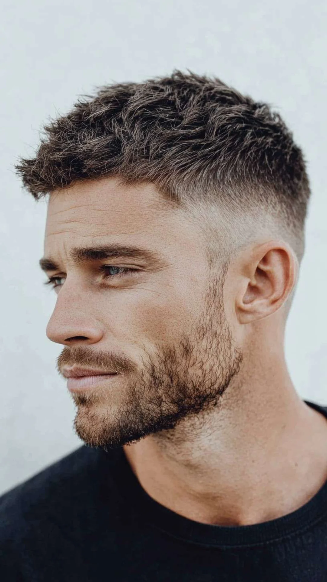 Close-up profile portrait of a bearded man with textured dark hair and a high fade haircut wearing a black shirt.