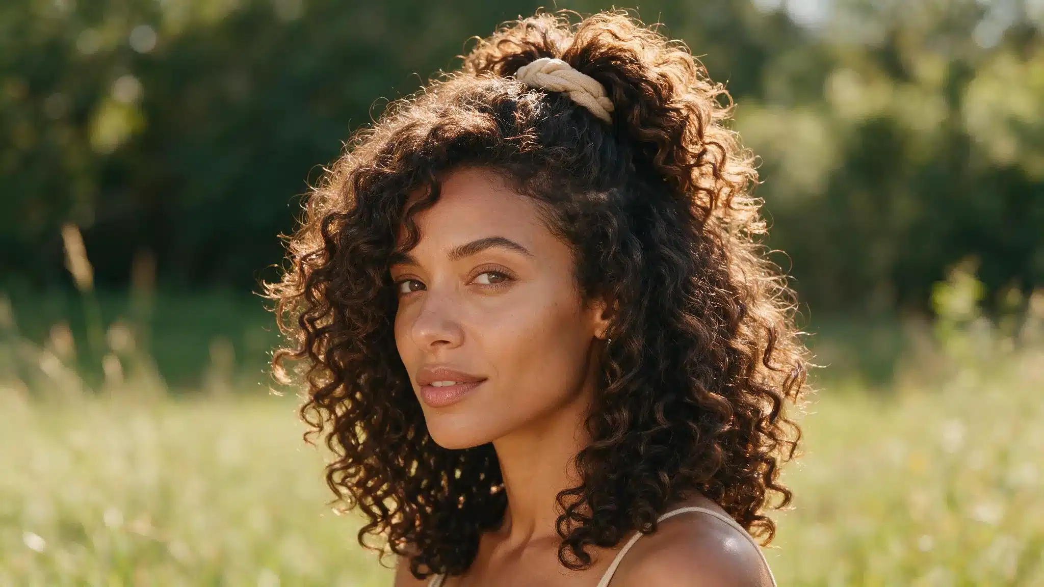 woman with medium-to-long curly hair wearing a loose pineapple updo secured at the crown with a soft scrunchie