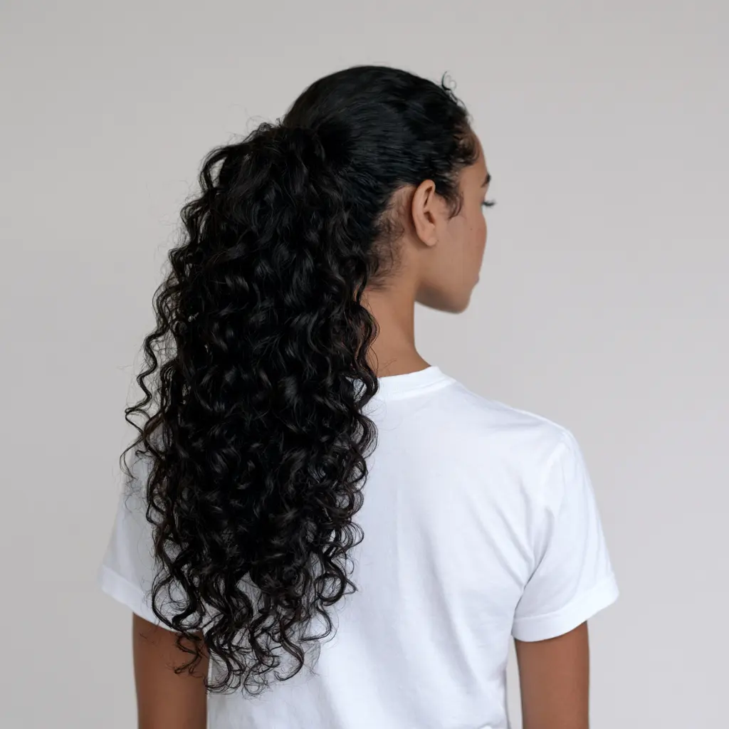 Person shown from behind with long, voluminous black curly hair tied in a ponytail, wearing a white T-shirt against a light gray background.