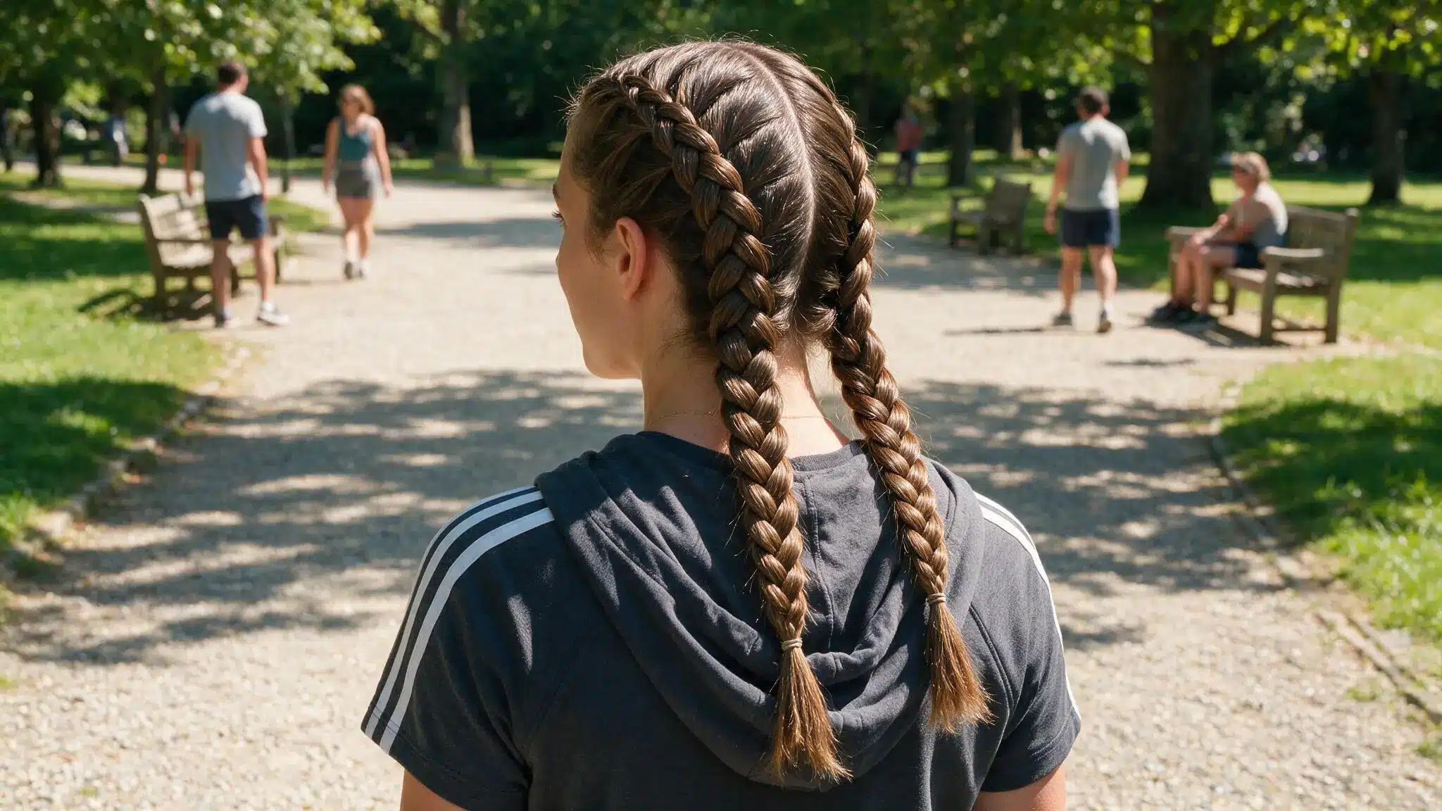 woman with medium-to-long hair wearing double French braids, center-parted and braided closely from the hairline down