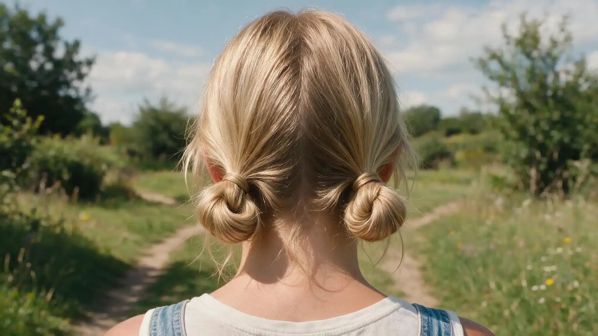 woman with medium-length hair wearing double low buns behind the ears, with a center part and relaxed summer finish