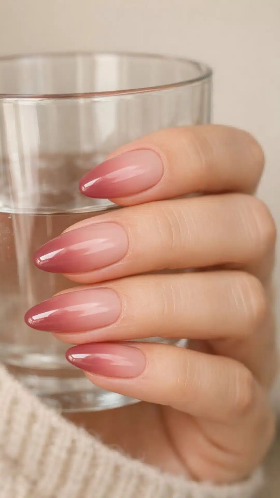 Dusty rose to nude ombre nails on almond-shaped tips