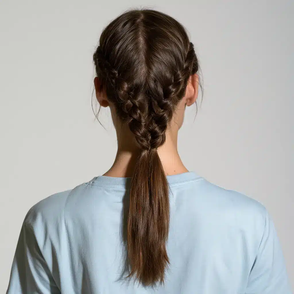 Back view of a woman with dark brown hair styled in a braided ponytail, wearing a light blue shirt against a plain gray background.