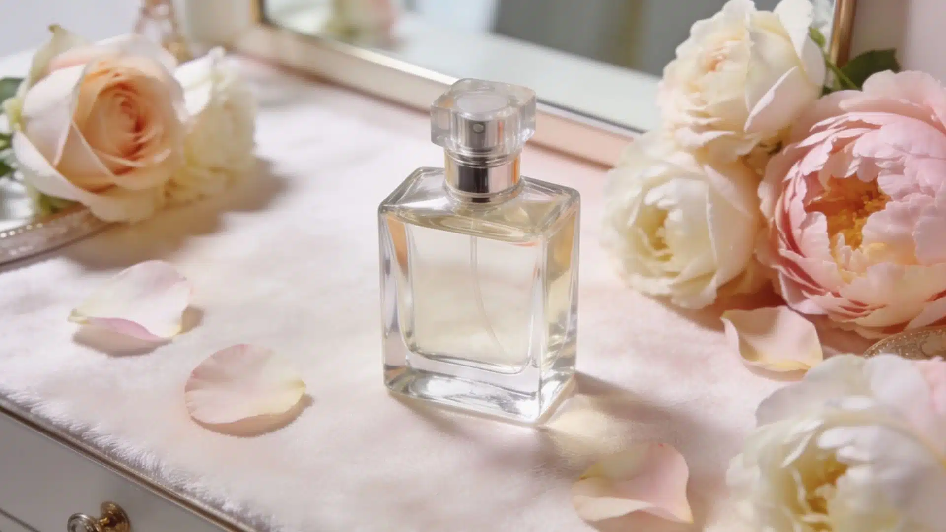 A clear glass perfume bottle rests on a fuzzy pink surface surrounded by pale pink and cream roses and scattered petals.