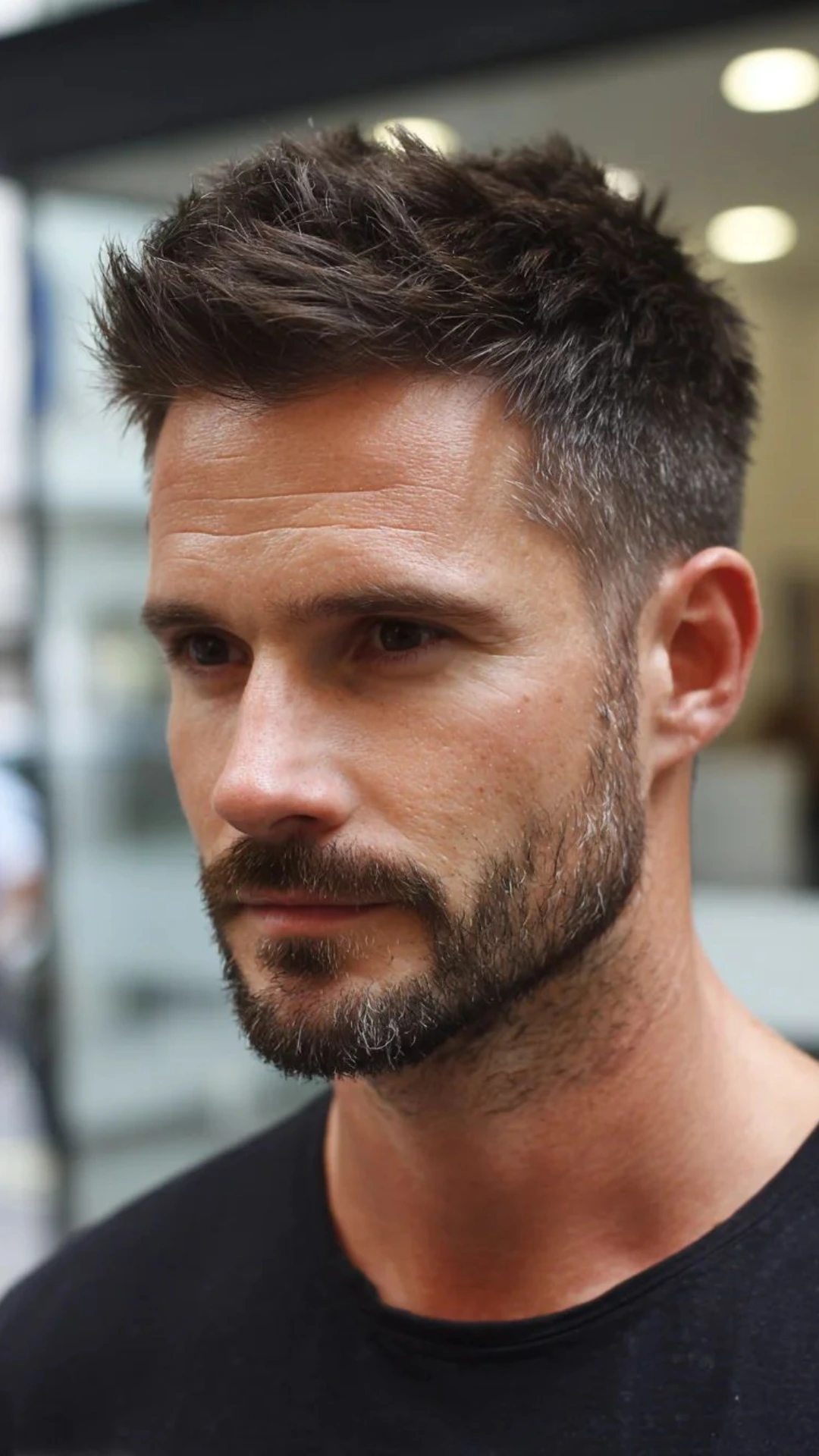 Close-up portrait of a bearded man with short textured dark hair wearing a black shirt indoors.