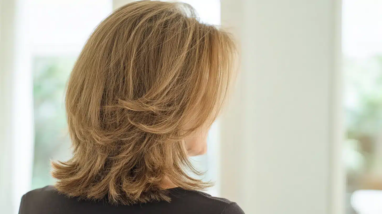 Medium length layered hairstyle for fine thin hair with feathered ends soft volume and face-framing layers viewed from the back and side