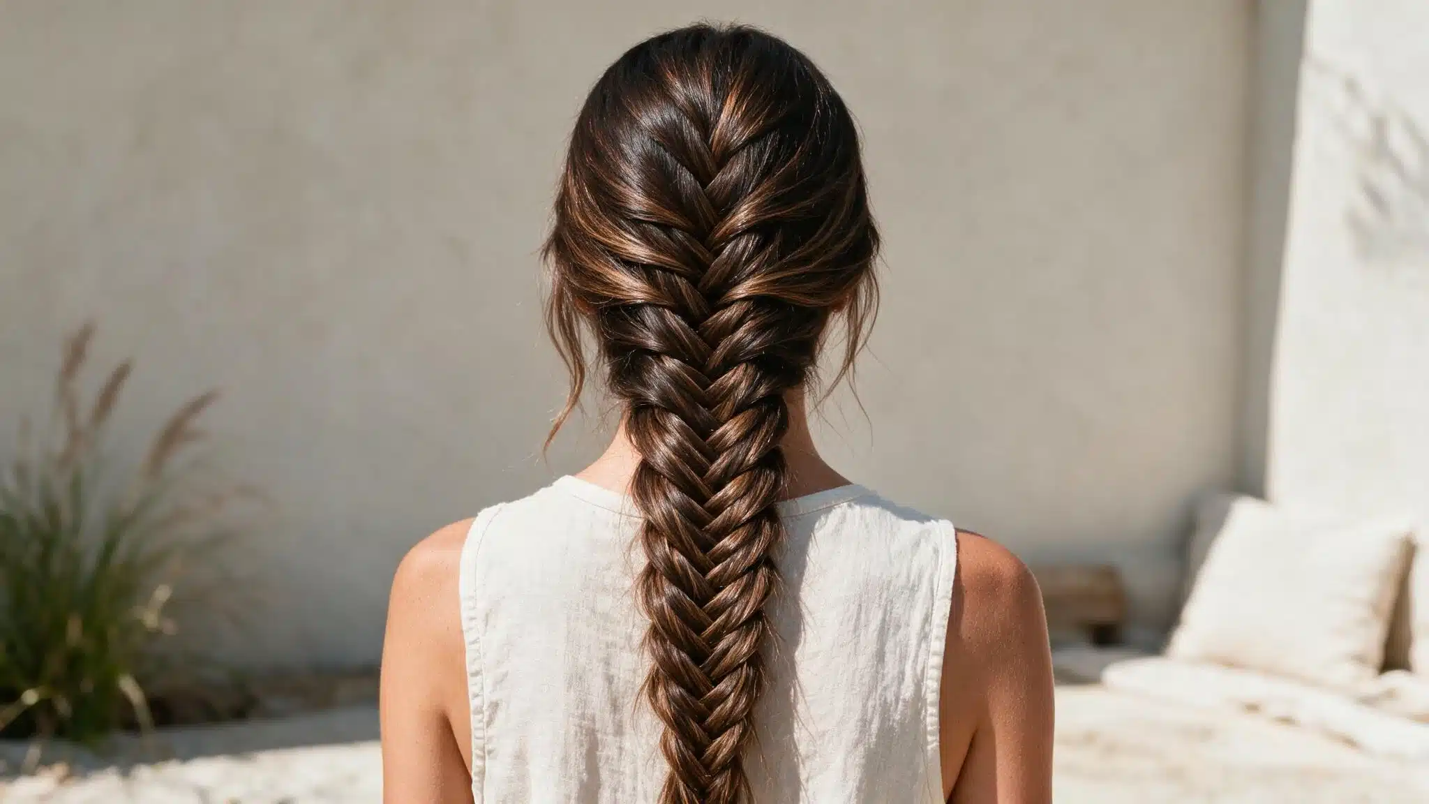 woman with long hair wearing a relaxed fishtail braid, with fine crossed sections creating a detailed woven pattern