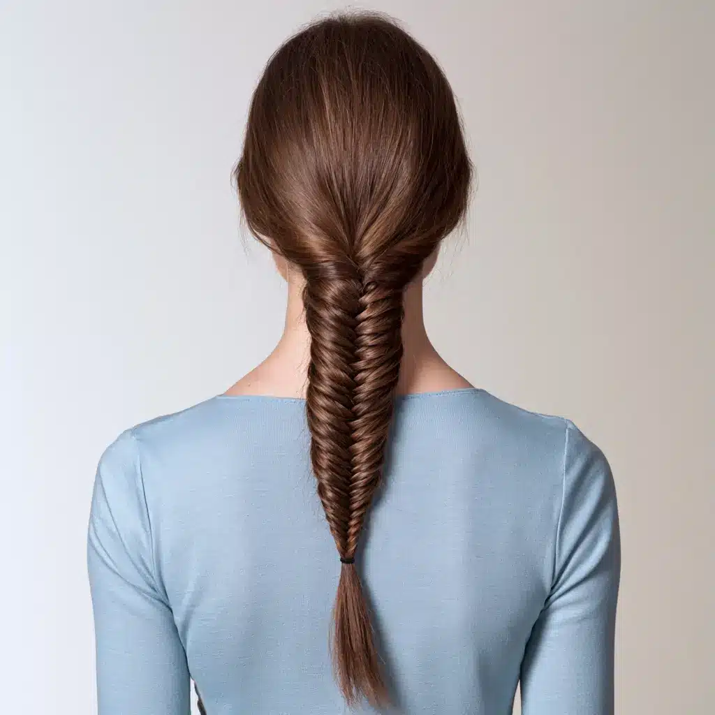 Woman seen from behind with long brown hair styled in a sleek fishtail braid, wearing a light blue top against a neutral background.