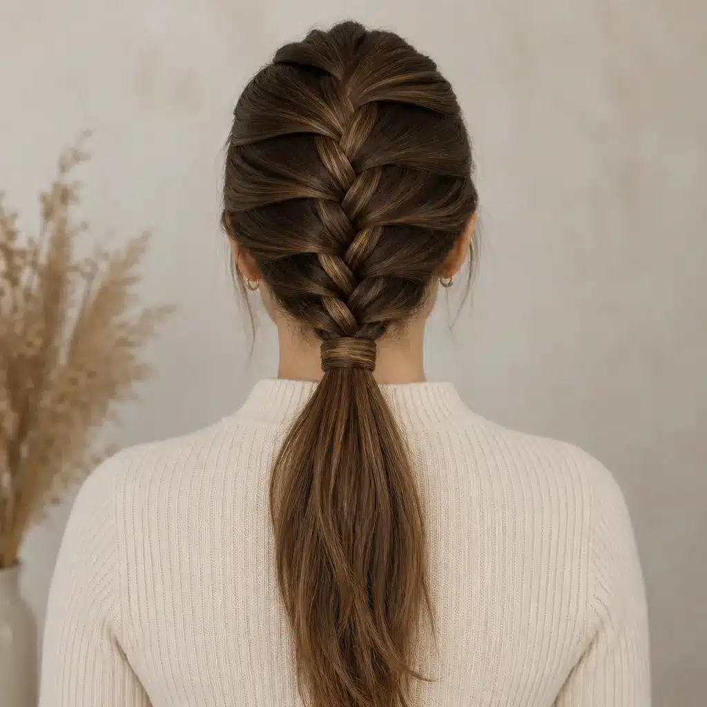 Woman seen from behind with long brown hair styled in a braided ponytail, wearing a white ribbed sweater against a neutral background.