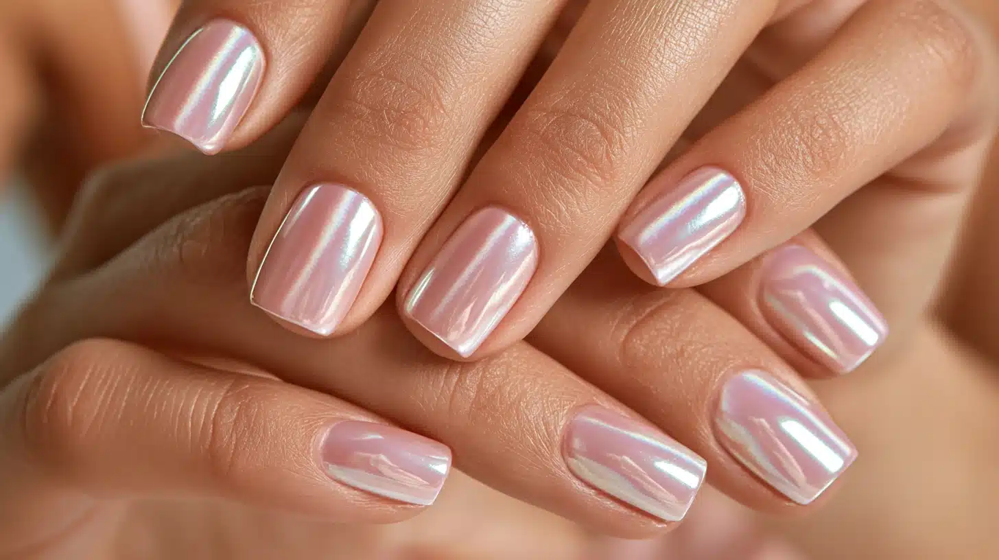 Short square nails featuring a glazed donut chrome manicure, soft pink base with a pearly iridescent chrome finish that reflects light beautifully.