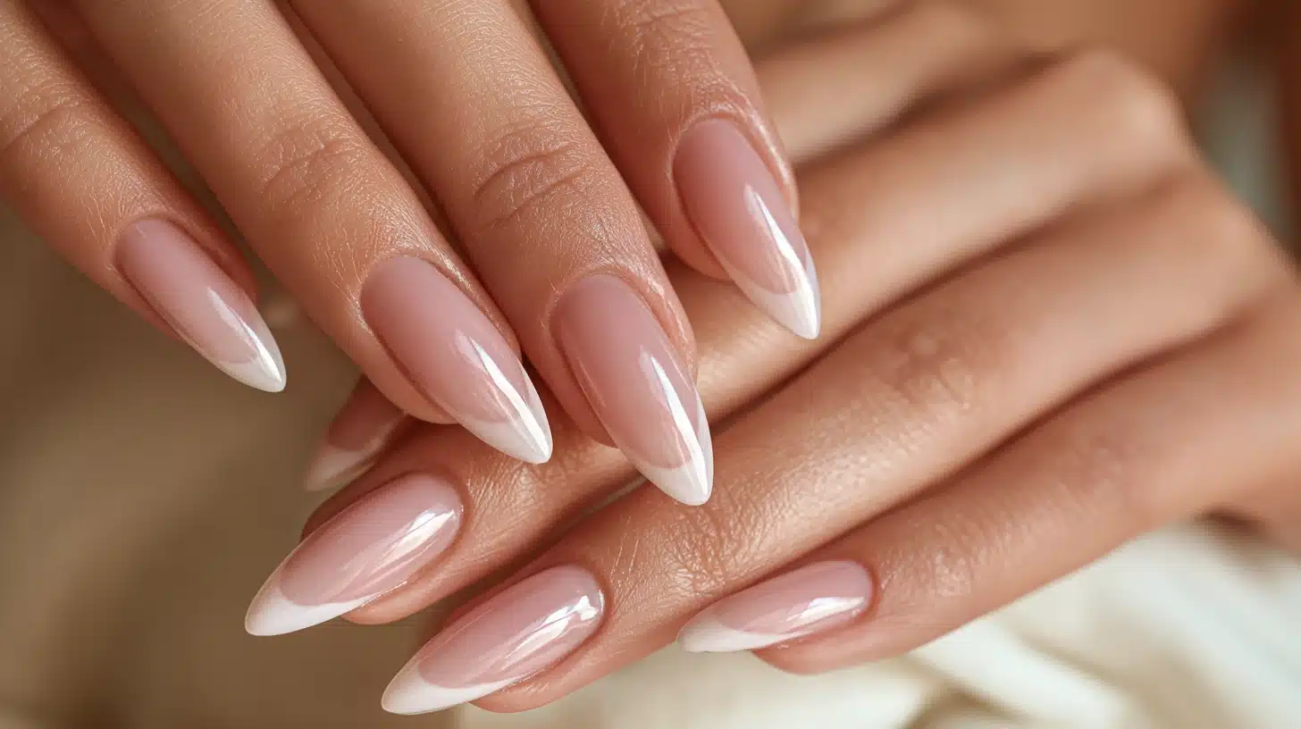 Minimalist French tip almond nails featuring a sheer base, crisp white tips, and a glossy salon-quality finish.