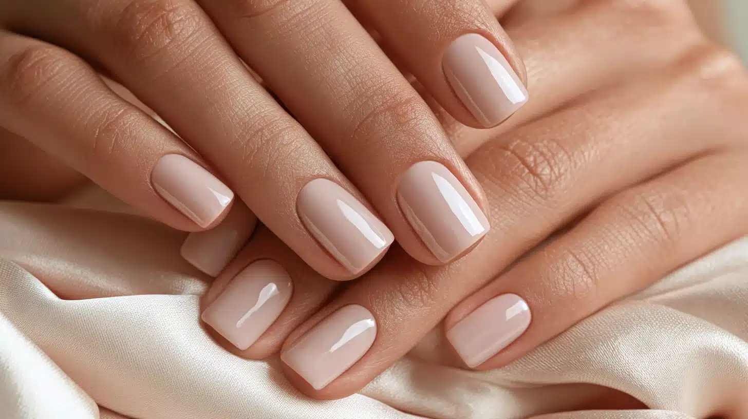 Glossy nude short square nails with a clean minimalist manicure.