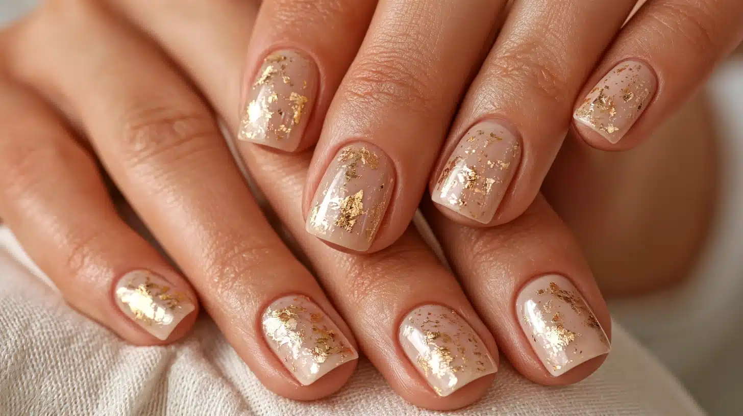 Short square nails featuring a glossy beige base accented with delicate irregular gold foil flakes.