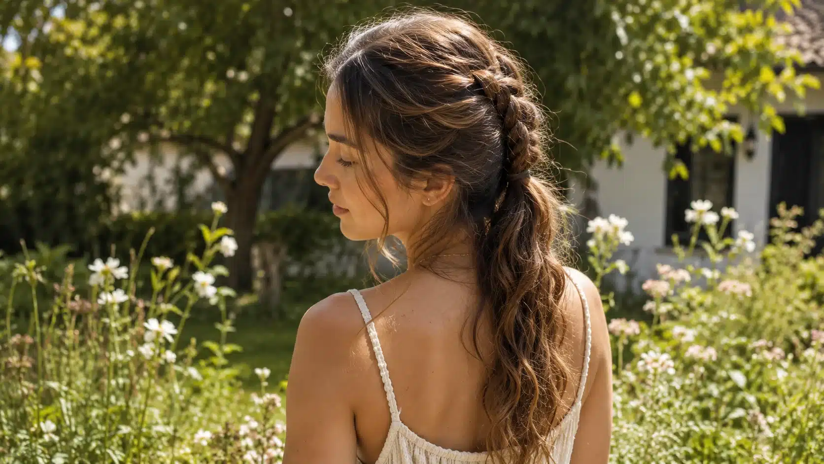 young woman wearing a relaxed half-up braided ponytail with textured waves in a bright sunlit summer flower garden scene