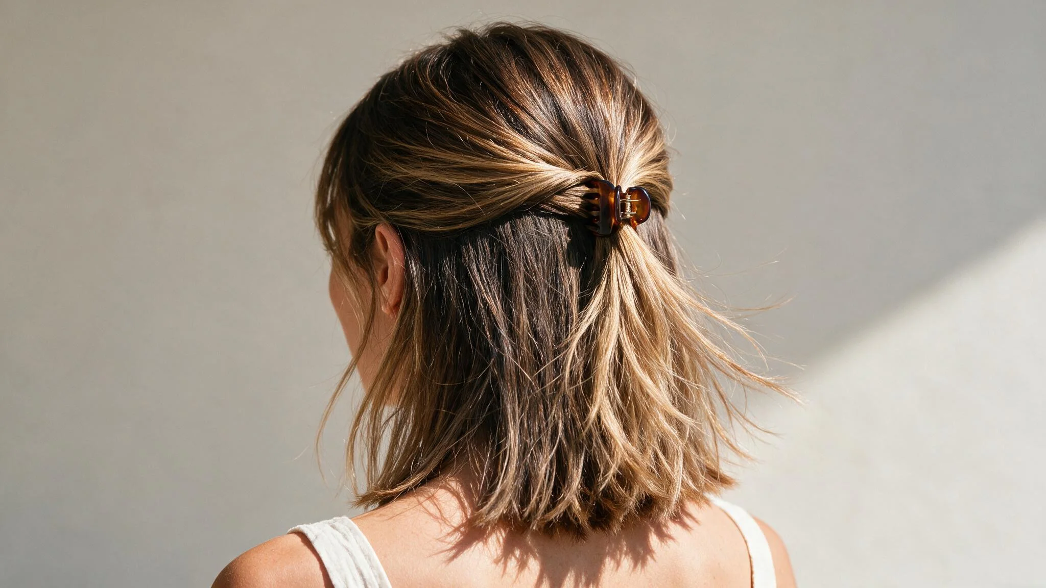 woman with shoulder-length hair in a half-up claw-clip style, with the lower hair left loose and softly textured