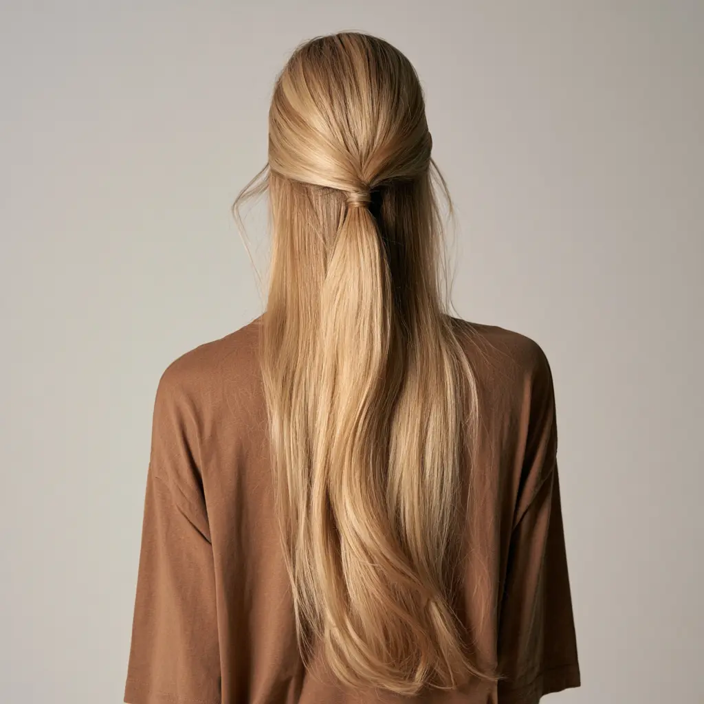 Back view of a woman with long, flowing blonde hair, standing against a neutral background.