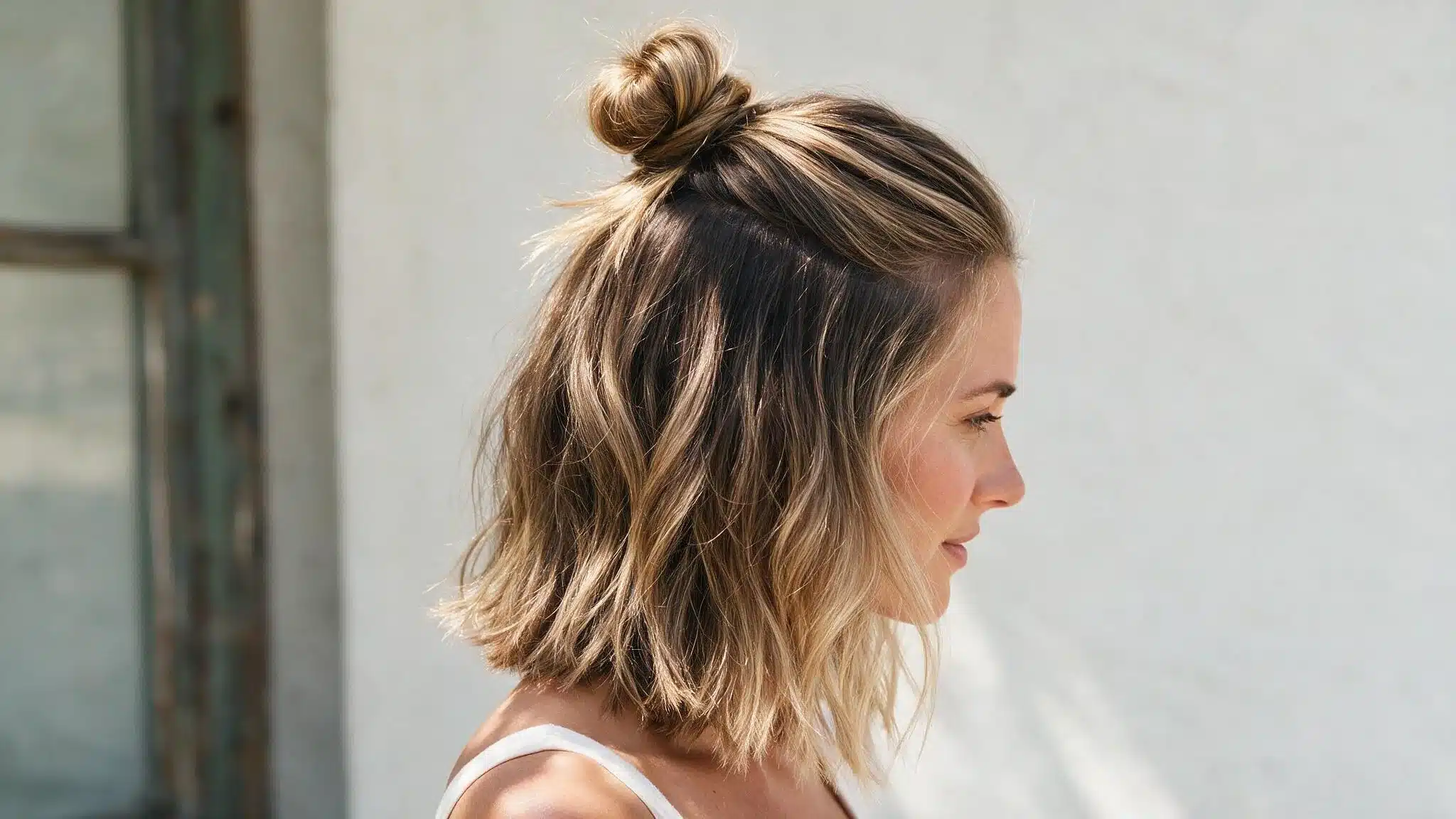 woman with shoulder-length layered hair wearing a relaxed half-up top knot with the lower section left loose