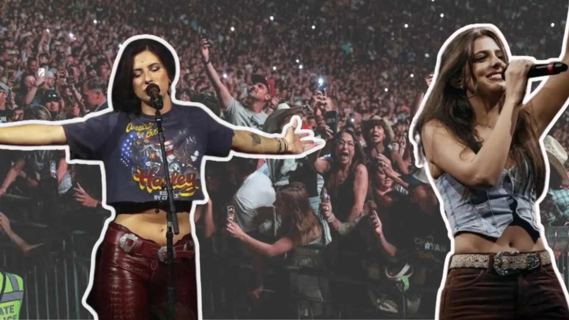 Lanie Gardner performing live on stage with a microphone in front of a large cheering concert crowd