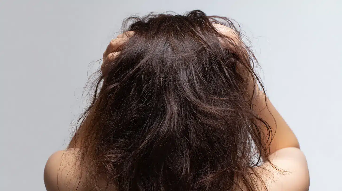 Person with dark brown hair lifting the roots with both hands to reveal greasy oily hair texture at the scalp before using a quick hair refresh method