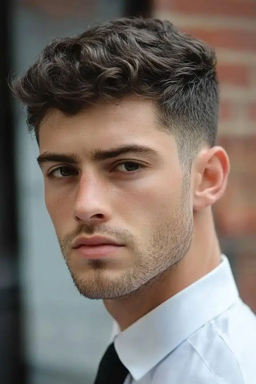 Ivy League haircut with a neatly styled short top side part and tapered faded sides