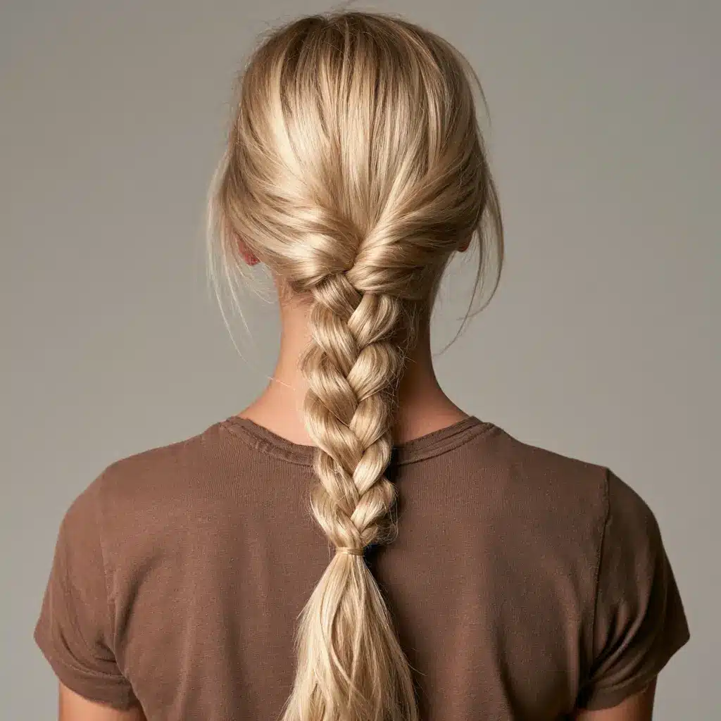 A woman with a long braided blonde hairstyle, gazing off to the side with a serene expression.