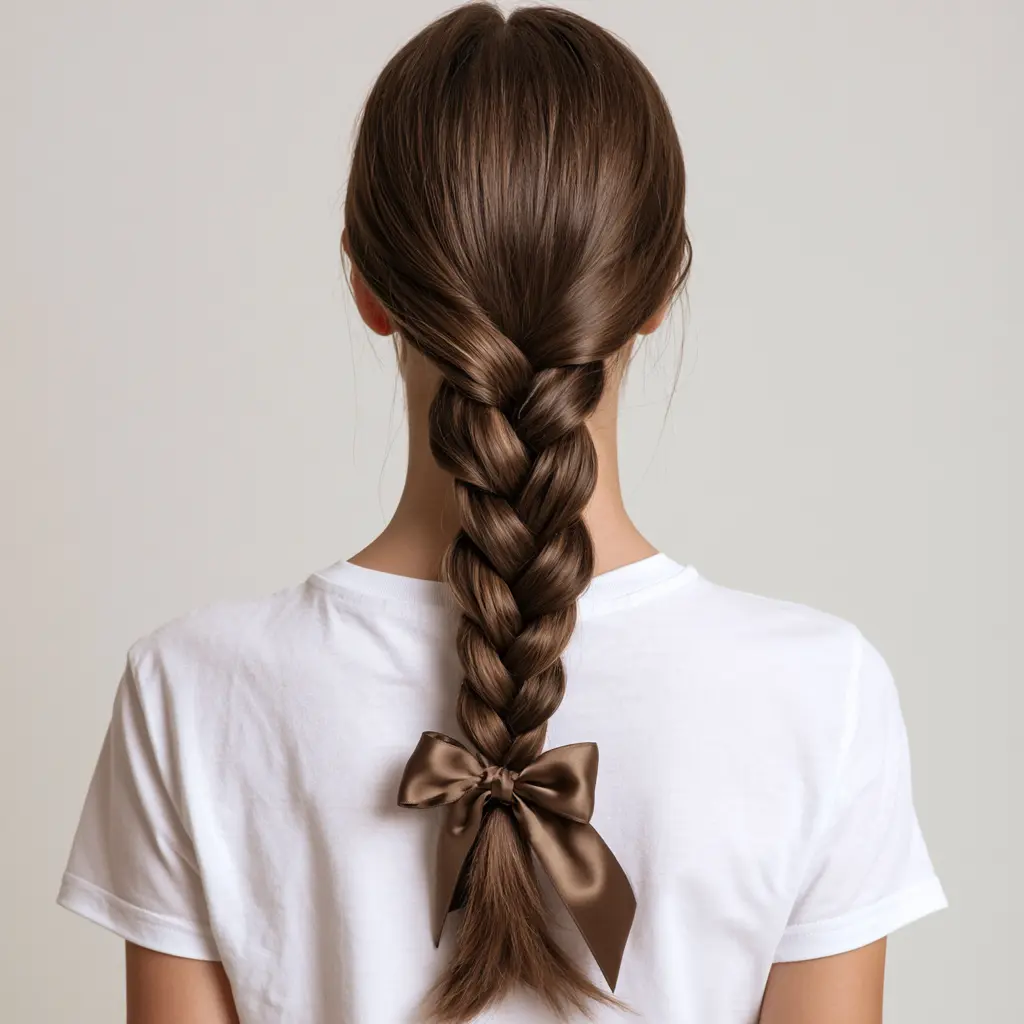 Back view of a woman with long brown hair styled in a braid and tied with a satin brown bow, wearing a white T-shirt.