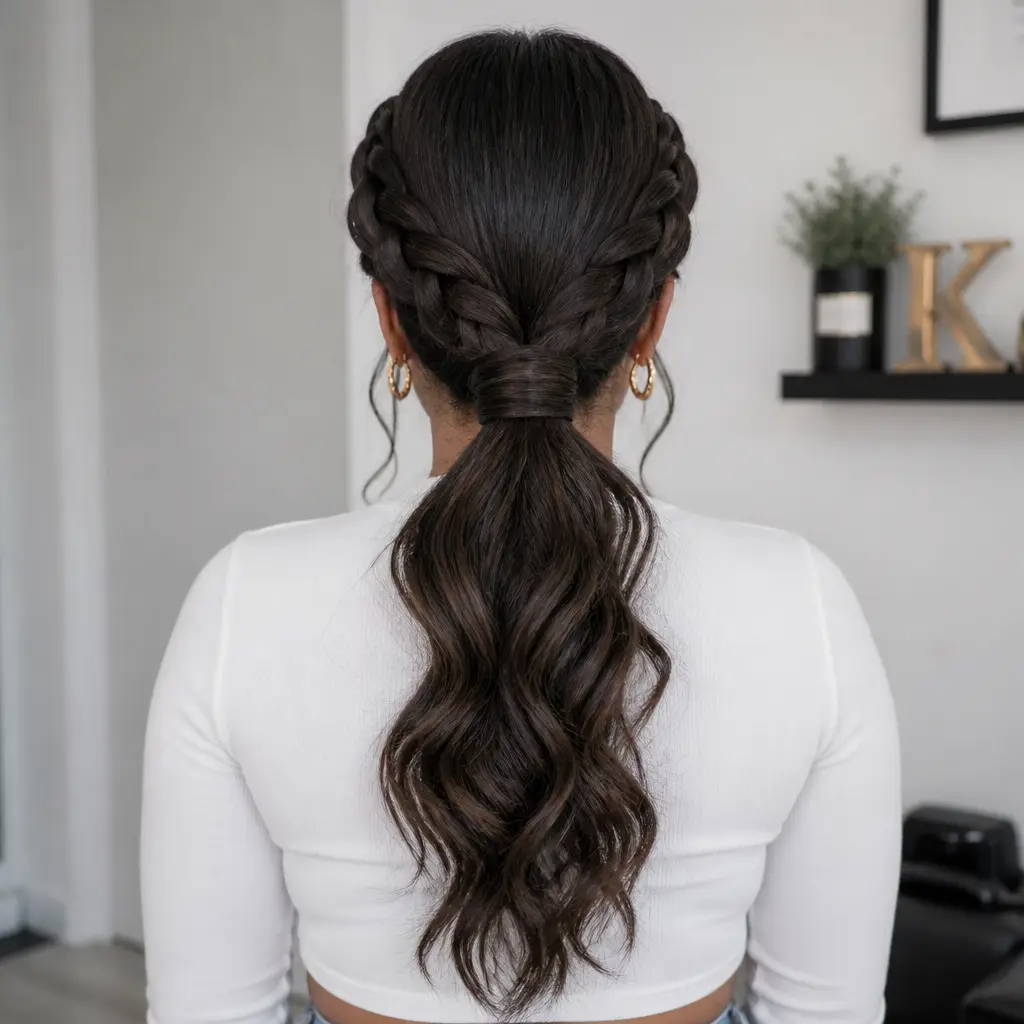 Woman viewed from behind showcasing a braided half-up ponytail with long, wavy dark hair, wearing a white top and gold hoop earrings.