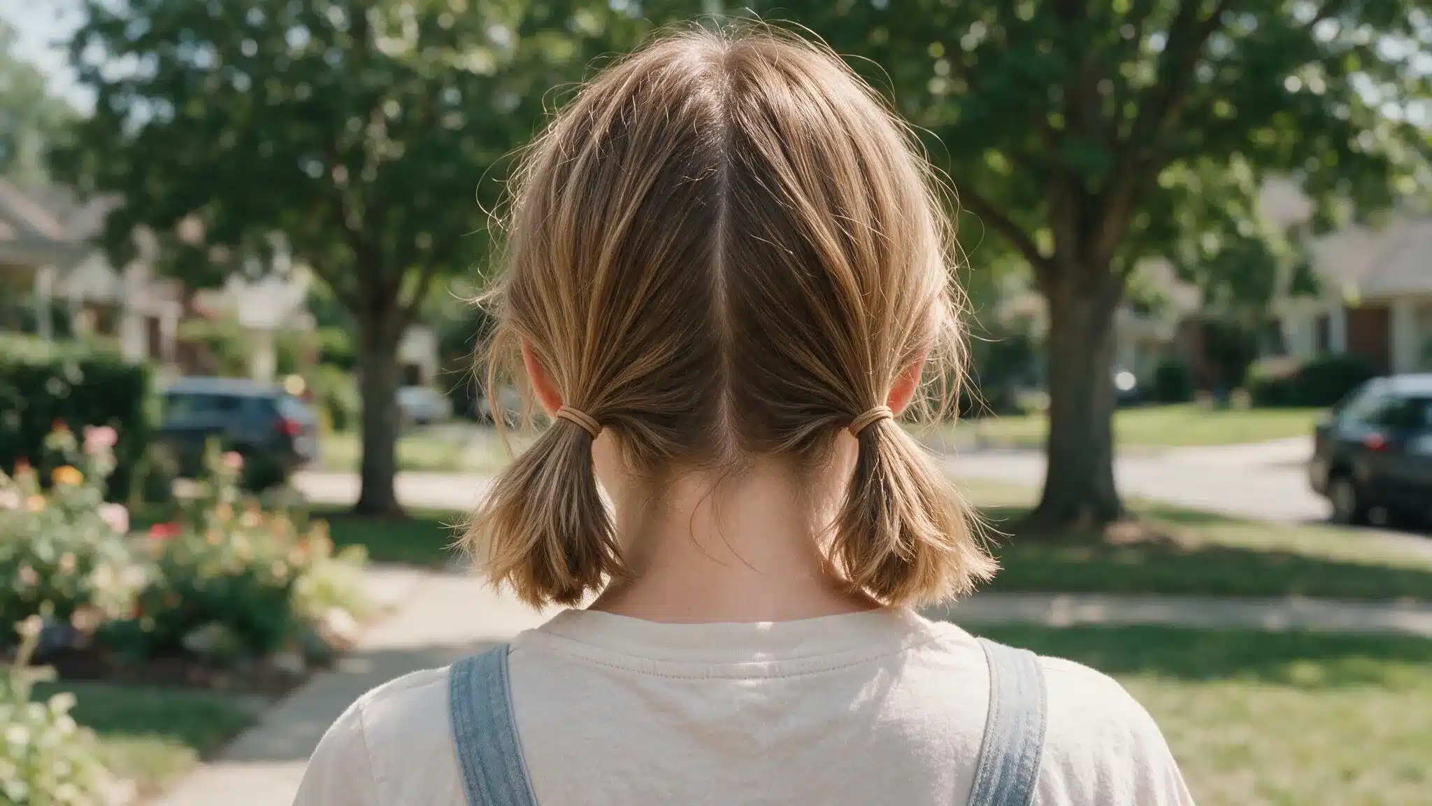 woman with short-to-medium hair wearing relaxed low summer pigtails secured behind the ears with soft elastics