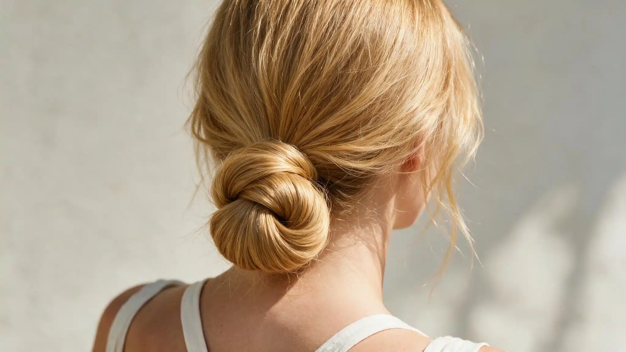 woman with medium-to-long hair wearing a low twisted bun at the nape, with the twisted length neatly coiled and pinned