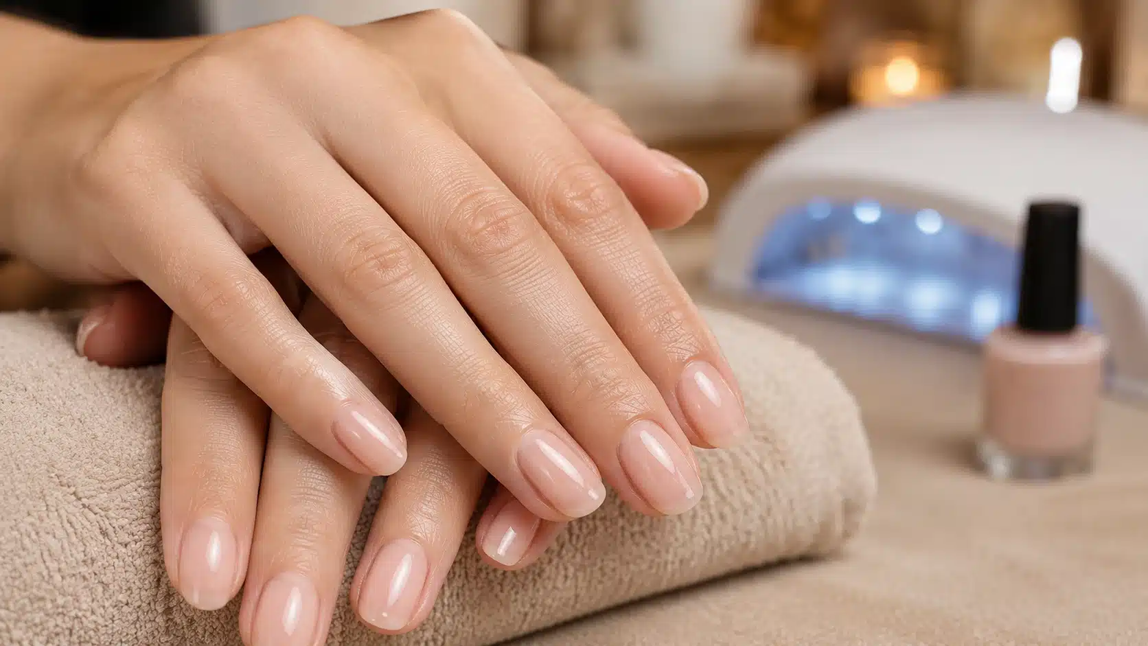 glossy nude builder gel manicure on natural nails beside a UV curing lamp in a clean, softly lit nail salon setting