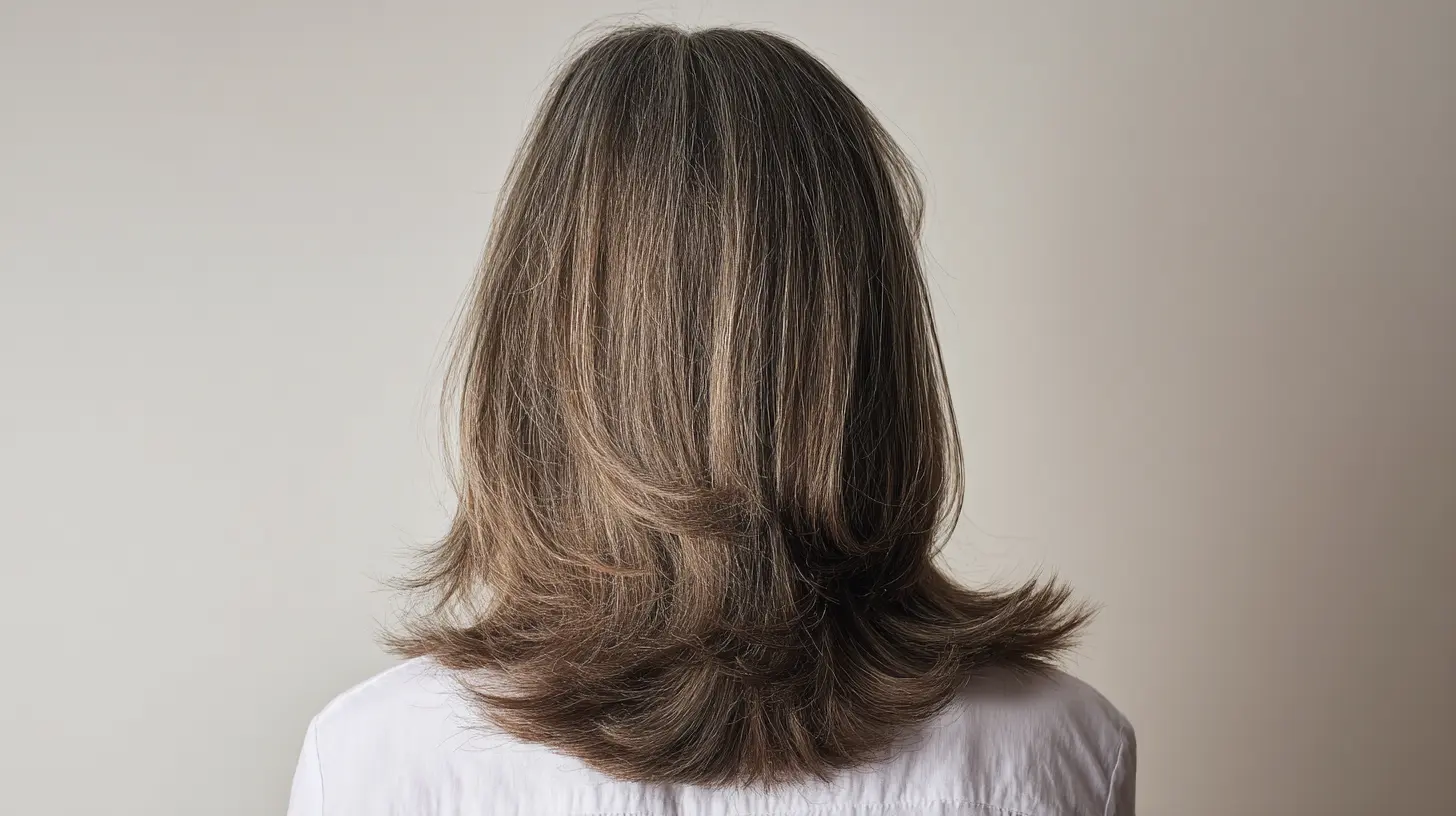 Medium length butterfly layered haircut with voluminous feathered layers and flowing ends creating a soft dimensional look