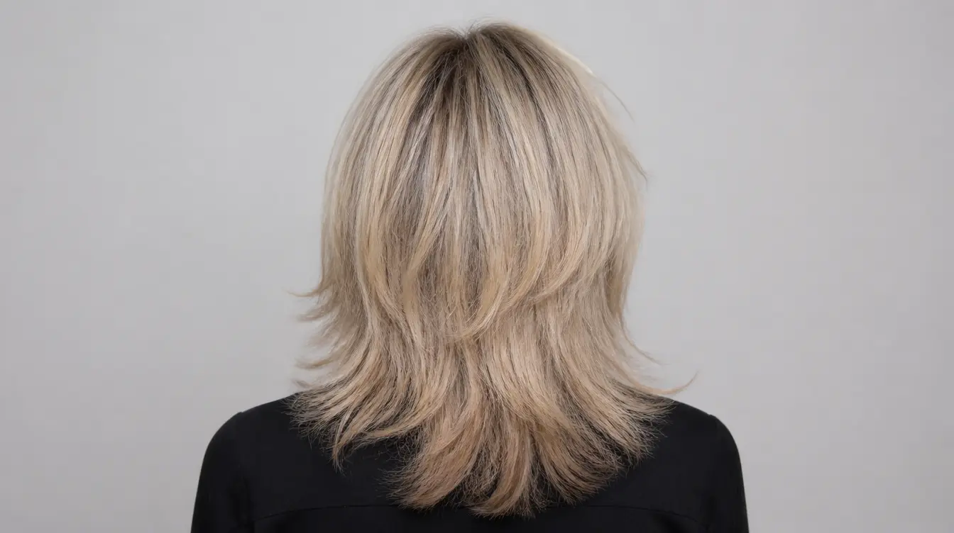 Medium length soft shag haircut with blended layers and wispy ends creating natural volume and movement