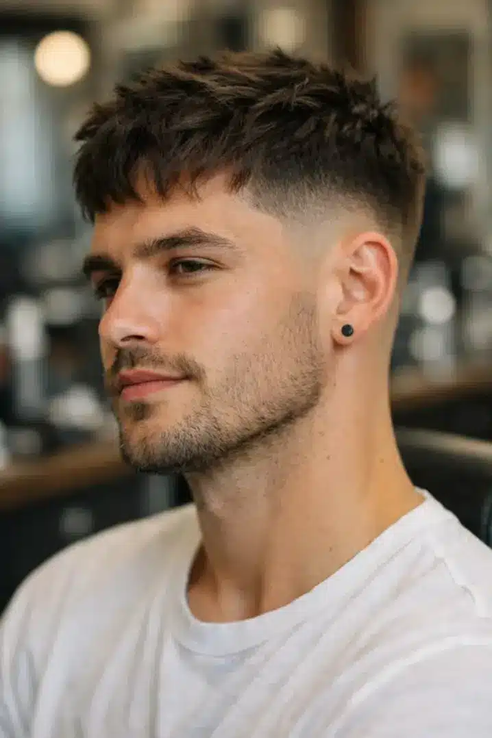 Messy fringe haircut with textured layers short faded sides and a natural tousled finish