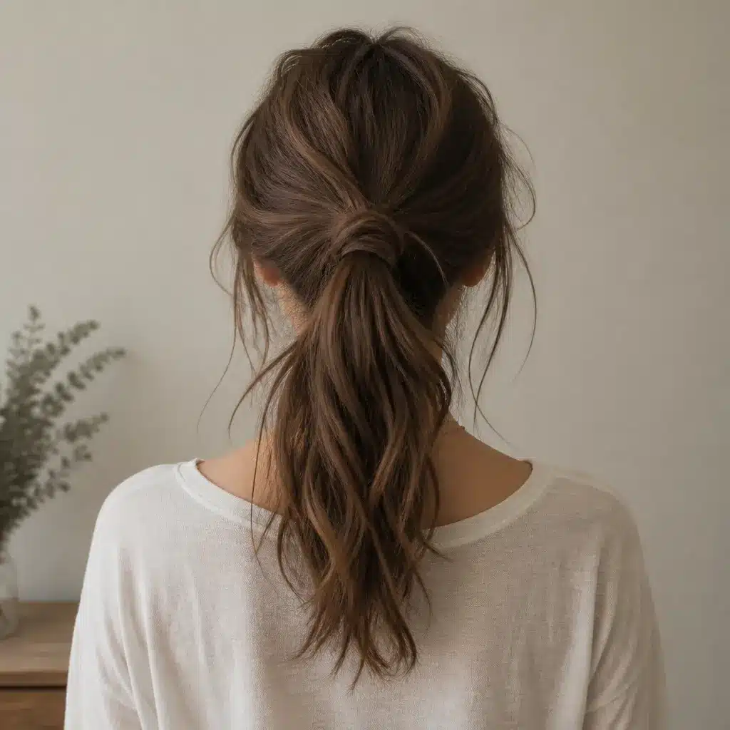 Woman seen from behind with long, wavy brown hair tied in a low ponytail, wearing a white shirt indoors.