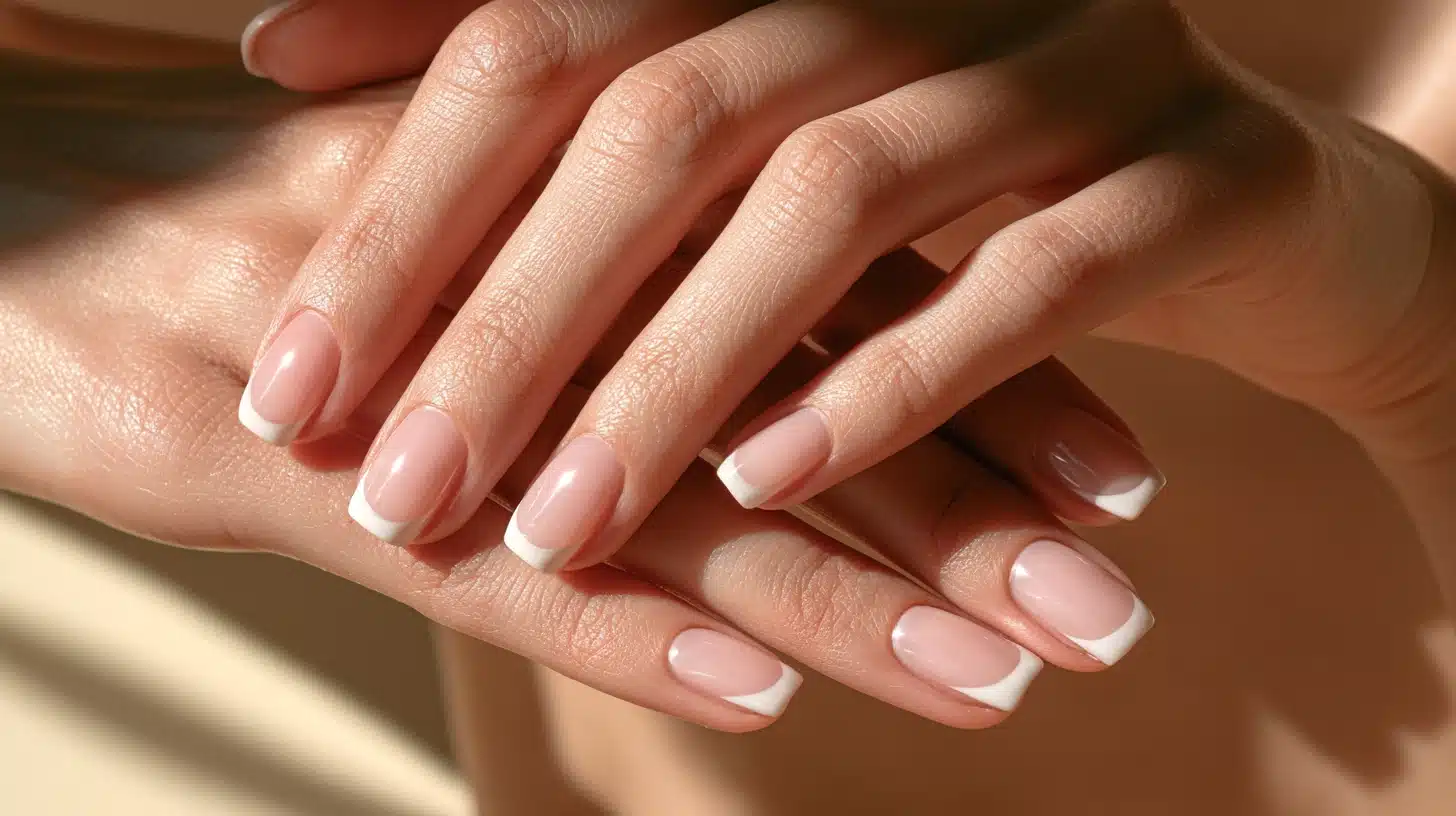 Short square nails with glossy micro French tips on nude pink polish.