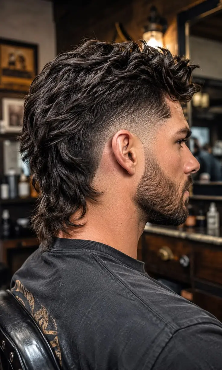 Modern mullet haircut with textured layers faded sides and a longer back