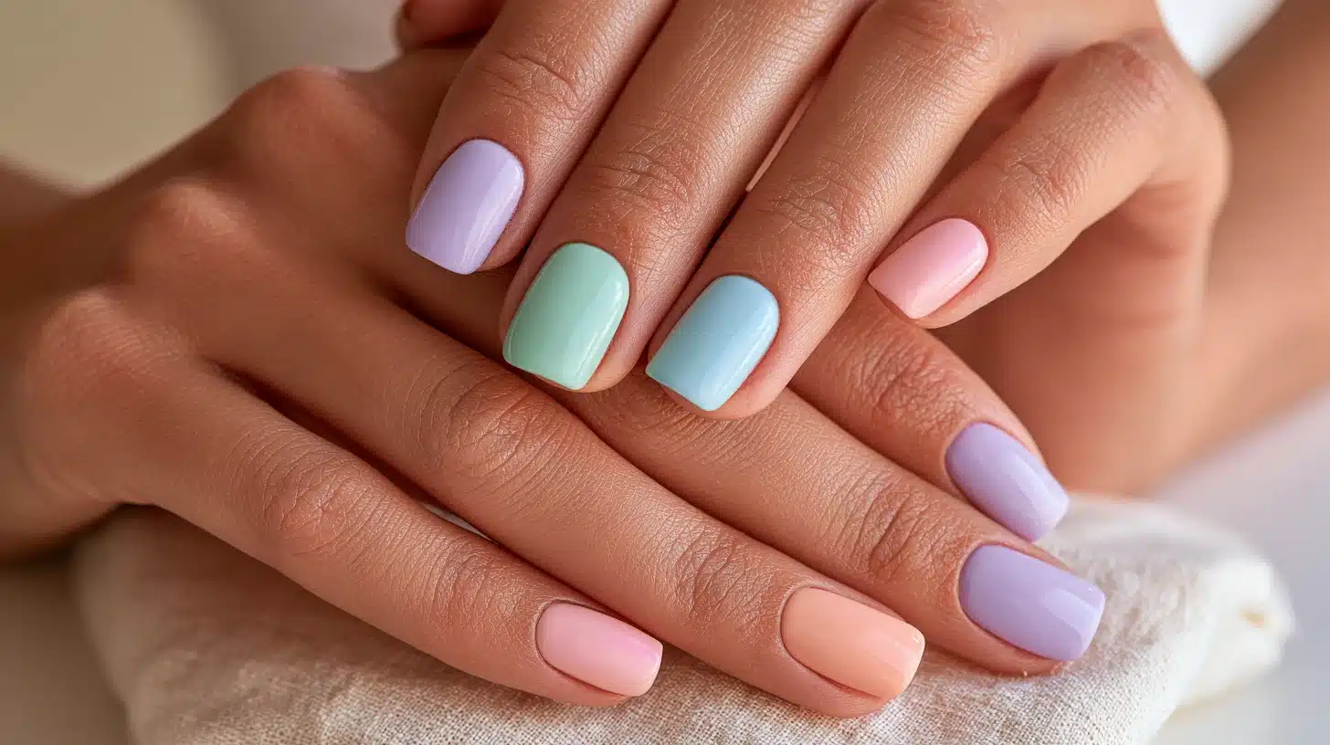 Short square nails featuring a pastel color block manicure, each nail painted in a different pastel shade.