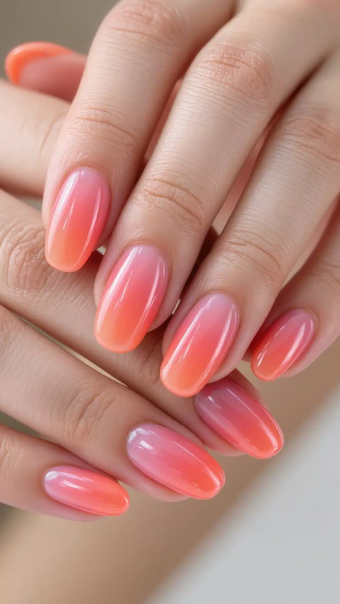 Pink coral to nude ombre nails on oval-shaped tips