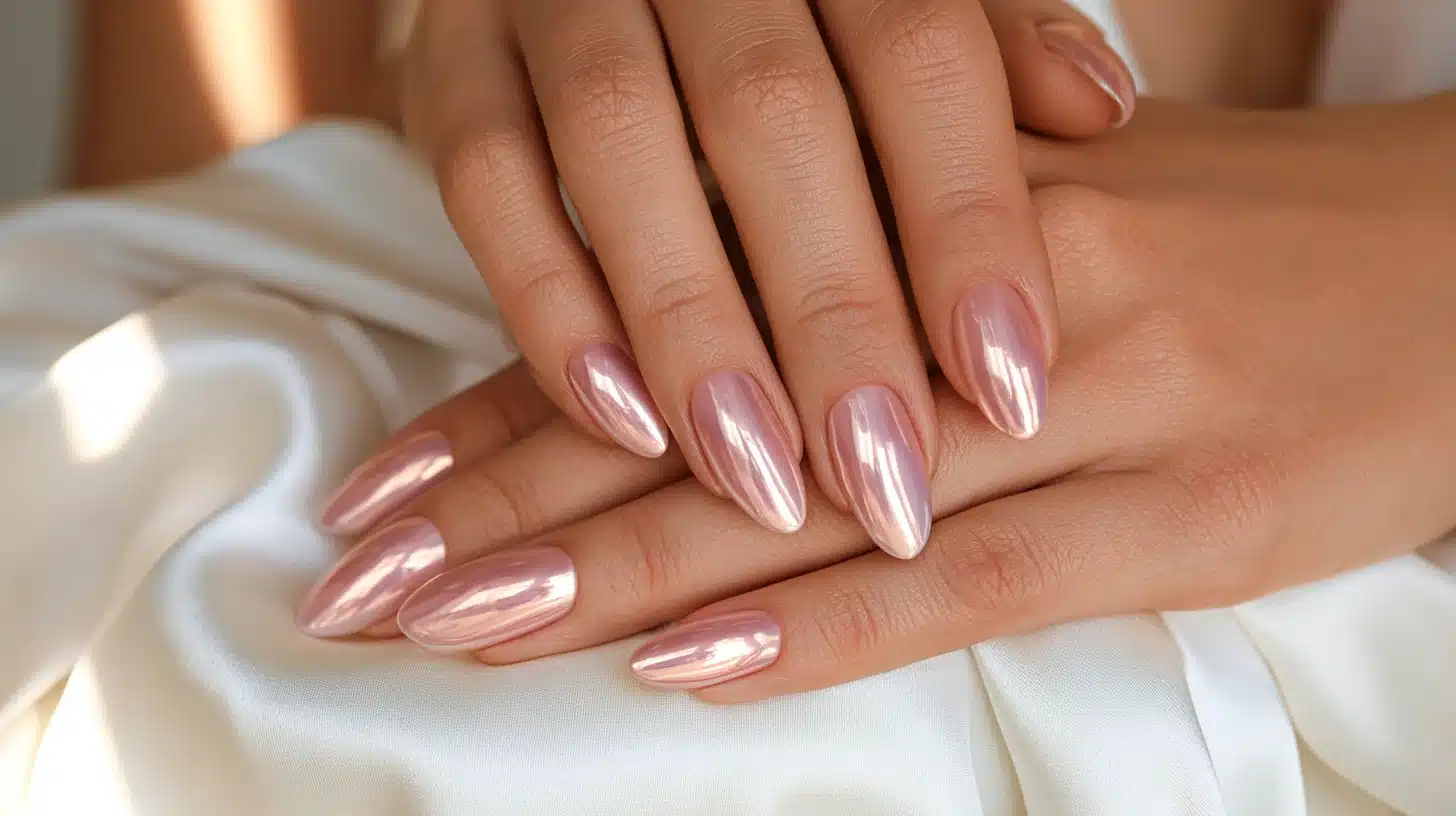 Soft pink glazed donut nails with a pearly chrome finish on almond-shaped nails resting on white satin fabric