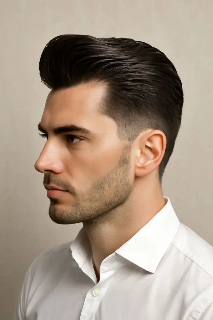 Pompadour hairstyle with a voluminous swept back top faded sides and a classic finish
