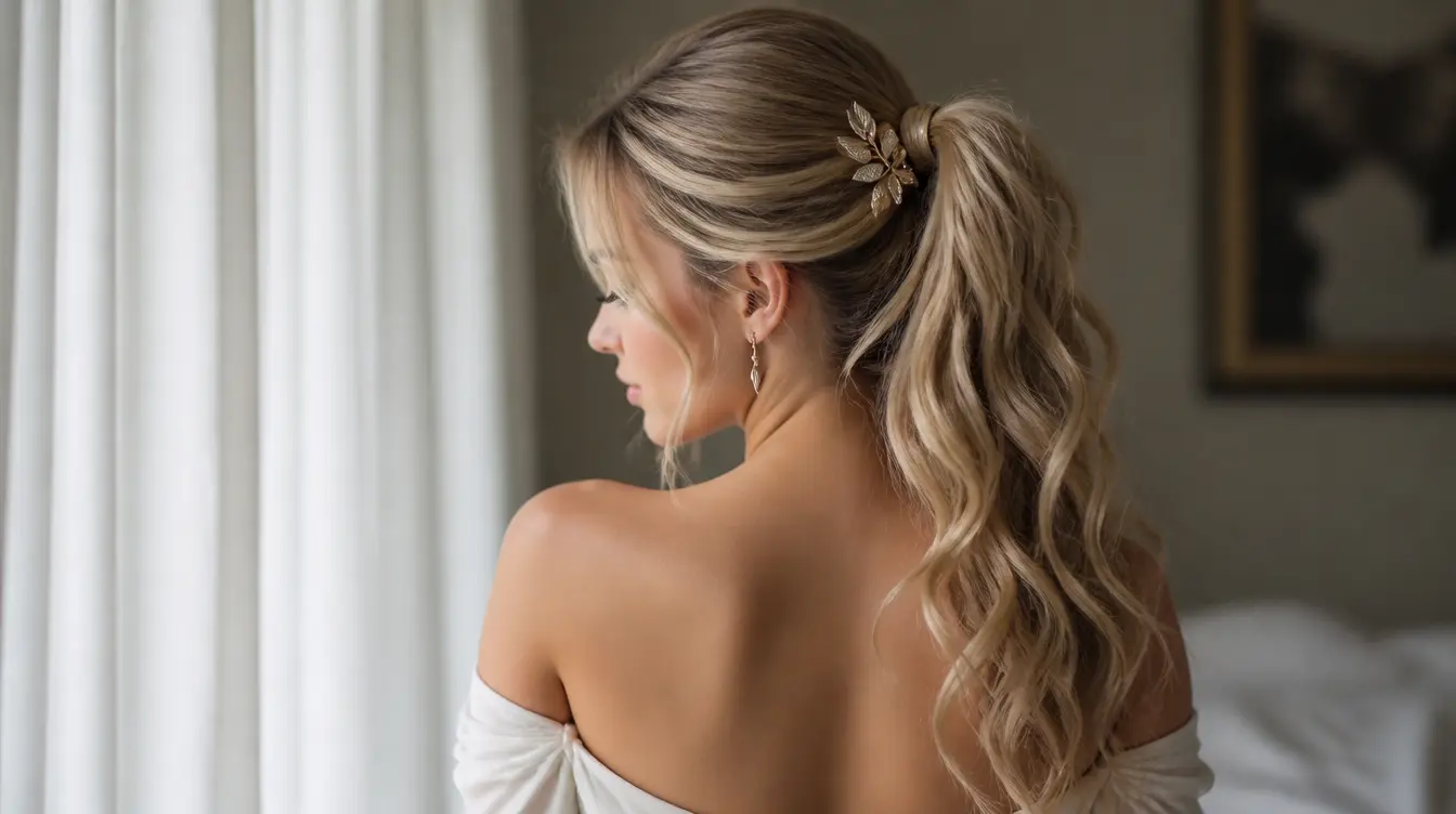 Blonde woman with a jeweled hair clip and long wavy ponytail looks toward a window while wearing an off-the-shoulder white top.