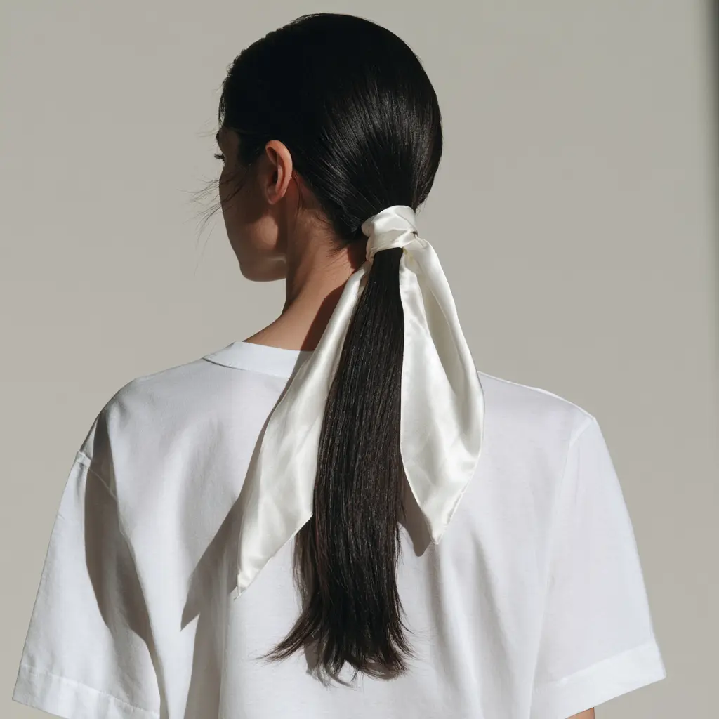 Back view of a woman with long black hair tied in a low ponytail with an oversized white satin ribbon, wearing a white shirt against a plain wall.