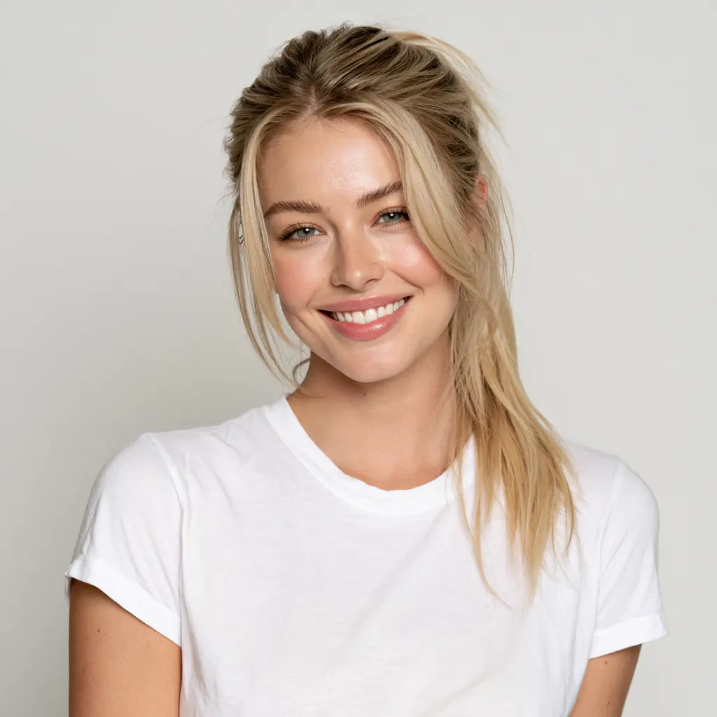 A woman with blonde hair wearing a white t-shirt, smiling and looking directly at the camera.