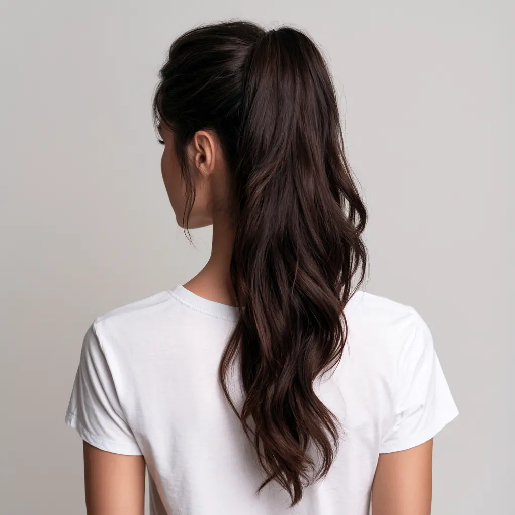 Back perspective of a woman showcasing her long, wavy hair flowing down her back.