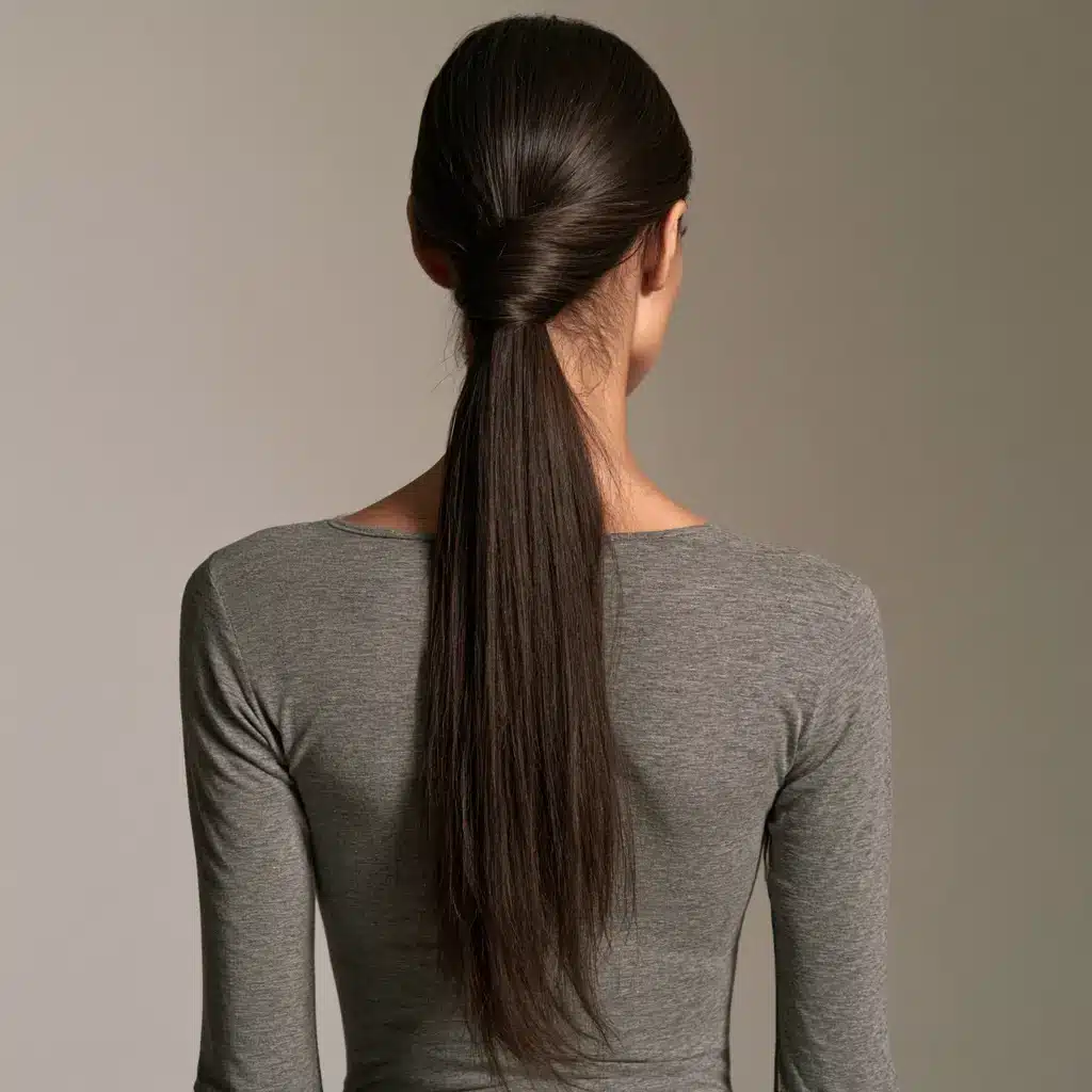 Woman viewed from behind with long, straight dark hair tied in a low ponytail, wearing a gray long-sleeve shirt against a neutral background.