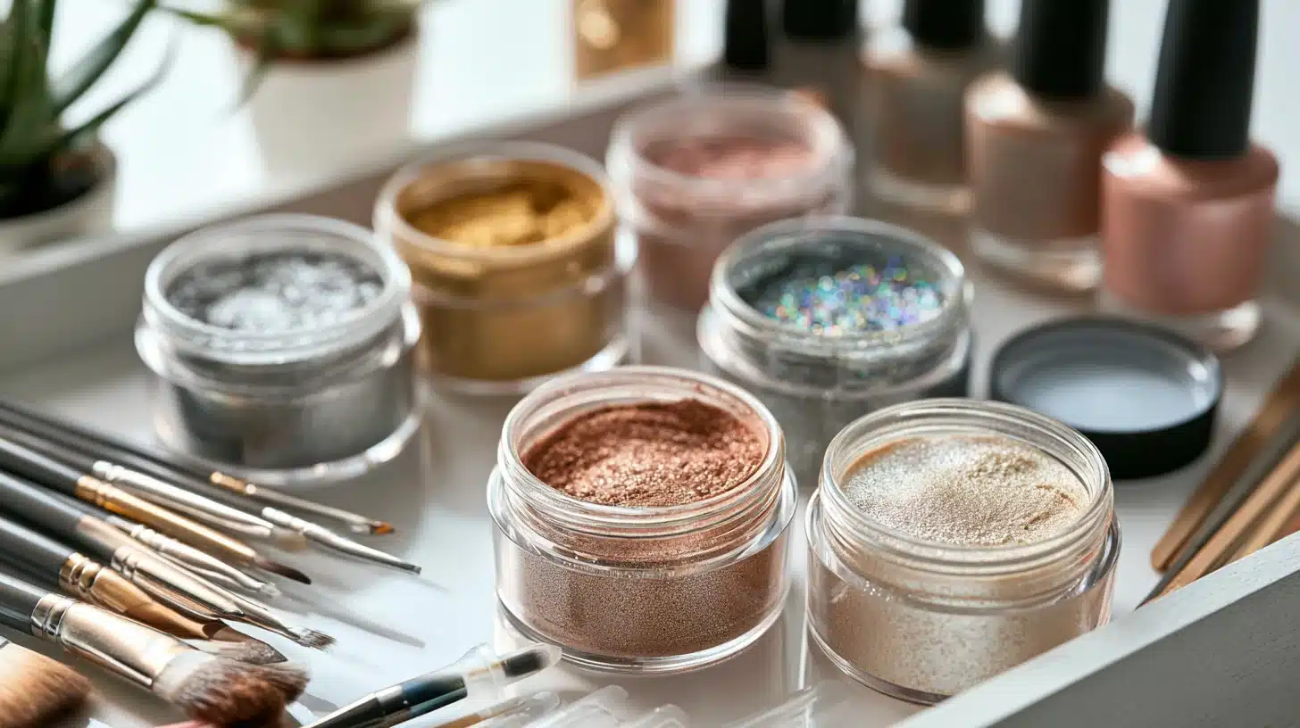 Open jars of colorful cosmetic pigments surrounded by makeup brushes and nail polish bottles on a vanity.
